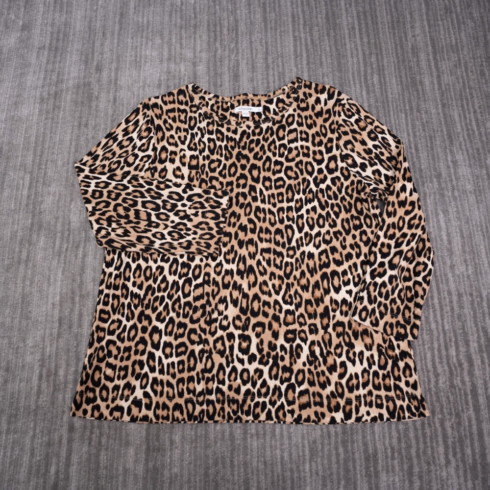 Chico's Top Women XL Brown Excellent Leopard Print Button Cuff Crew Neck